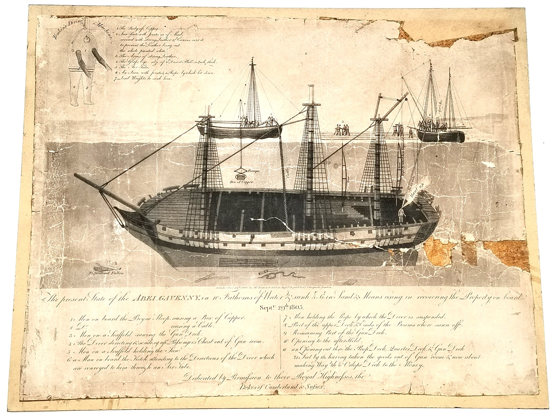 Mounted 1806 etching of goods being recovered from wreck of Abergavenny by Tonkin's diving machine -