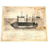 Mounted 1806 etching of goods being recovered from wreck of Abergavenny by Tonkin's diving machine -