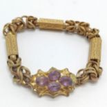 Antique gilt metal fancy link bracelet set with a clasp set with 4 amethysts - 20cm ~ has signs of