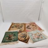 Collection of 5 Chinese Miniature rugs, 2 x 46 cm x 49 cm, 3 x 30cm x 34 cm.