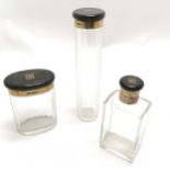 Set of 3 dressing table jars with ebony and silver gilt lids tallest 18.5cm high and has a split