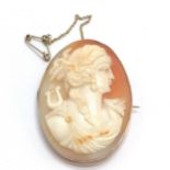 Antique 9ct marked brooch hand carved cameo portrait in a classical style. 4.5cm drop. 12.8 g