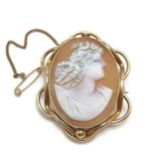 Gilt metal mounted hand carved cameo portrait brooch - 4cm drop ~ slight a/f to mount at bottom