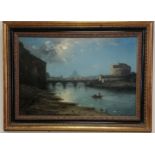 Antique framed oil painting of Rome in the moonlight looking up the River Tiber & signed