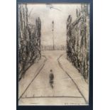 Mounted pencil sketch on paper bearing the signature of L S Lowry of a woman walking down a