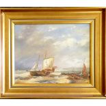 Framed oil painting of a fishing boat - frame 29cm x 34cm