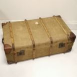 Antique wooden banded and green canvas trunk with leather corners 55cm x 32cm x 92 cm long- In