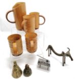Max Brand Australian bamboo jug + 4 mugs (1 a/f), African bronze cow figure (18cm), 2 brass bells,