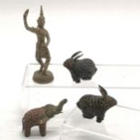 Asian brass dancing figure + 3 x Indian jewelled animals - elephant 5cm high and all 3 have slight