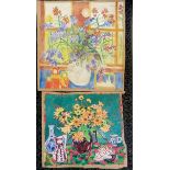 2 unframed contemporary watercolours of a vase of flowers in a window vase of flowers with a
