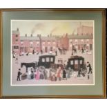 Framed Helen Bradley print of a street scene with 2 horse drawn carriages, , frame 64cm x 76cm