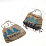 2 x RARE antique beadwork purses / bags depicting tall masted ships & steam paddle ship with Union