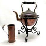 Victorian copper kettle on cast iron stand 34cm high T/W a Danish copper jug- some dents to the base