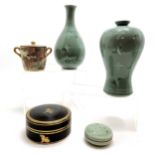 3 x Korean ceramics inc lidded pot (7cm diameter) & 2 vases (tapered has repaired top) t/w Satsuma 2