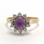 9ct hallmarked gold amethyst & diamond (10) set cluster ring - size R½ & 2.5g total weight