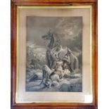 Antique framed print of a dog with his wounded soldier master - maple frame 77cm x 62cm - slight a/f