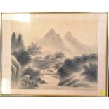 Framed Chinese printed silk picture of landscape - frame 37cm x 47cm