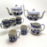 Qty of Spode blue & white Geranium teaware inc pair of teapots (25cm across), 3 mugs + milk jug t/