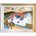 Framed oil on board painting of Moorland village by Mildred Evans - frame 43cm x 53cm