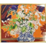 Framed watercolour of flowers in a large vase with an orange background. Signed Giltsoff. 70cm x