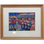 Oriental framed painting on paper of figures holding court - frame 27.5cm x 22.5cm ~ 1 piece