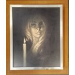 Mid 20th century retro framed print of a girl with a candle - 56cm x 66cm ~ some damage to frame