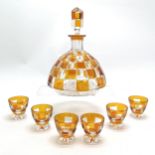 Art Deco Bohemian decanter (23cm high) & 6 x glasses with amber overlaid glass detail - no obvious
