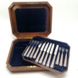 6 x pairs of silver handled fruit knives / forks by Walker & Hall in a walnut box - 33cm x 27cm x