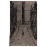 L S Lowry signed pencil sketch of a figure stood in a street with railings & tree in distance - 16cm