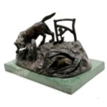 Good quality bronze cast study of a dog hunting a hare on a green marble base - 24cm x 14cm