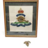 Hand embroidered Royal Artillery insignia tapestry (frame 32cm x 28.5cm) t/w related cap badge