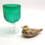 Signed Italian green cameo glass goblet with etched flowers (18cm high) t/w duck with millefiori