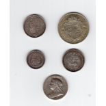 4 x GB coins - George IV 1826 1/-, Victoria 1887 1/- & 6d, George V 1920 halfcrown t/w 1897 Queen