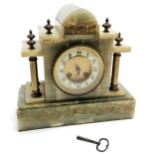 Antique onyx and gilt metal mounted continental mantle clock with key. 28cm x 26.5cm high. Running