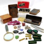 Qty of oddments inc scout badges, gurkhas pin badge, hand lens with stone handle, 2 parker pens, dog