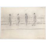 1958 dated & signed L S Lowry pencil sketch on paper entitled 4 'people standing' by railings - 38cm