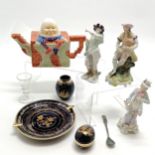 Qty of mixed ceramics inc Humpty Dumpty teapot, Limoges ashtray + egg+ vase, continental figures (