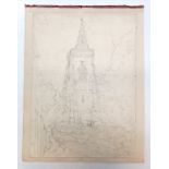 1960 dated & signed L S Lowry mounted pencil sketch of an old church - 31.5cm x 42cm and has writing