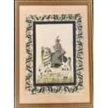 Indian Hand Painted Oil on Silk framed picture of a man on horseback within hand painted border,