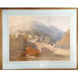 Large framed watercolour painting of a bridge & village scene signed N W S... 1860 - 68cm x 84cm