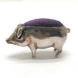 Novelty silver pig pin cushion by RC - 4.5cm across & total weight 25g ~ slight wear to pad