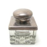 1927 silver topped inkwell with hobnail cut base by William Harrison Walter - 6cm square x 7cm