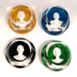 1976/77 4 x Baccarat facetted paperweights with Royalty Queen Elizabeth II, King (Prince) Charles,