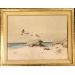 Framed signed watercolour painting of some flying swans on the seashore - 57.5cm x 72.5cm ~ has a