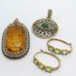 Qty of silver jewellery by NH - emerald set circular eye pendant (3cm), pair of peridot earrings &