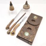 3 piece antler handled carving set (knife 37cm), 2 painted lady figural brass bells & bookslide (a/