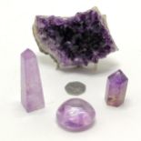 Amethyst geode (12cm across) + 2 rough crystals + polished stone (289ct)