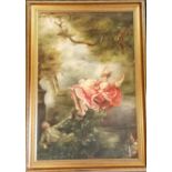 Oil on canvas classical couple in a garden scene after Fragonard in a heavy gilt frame