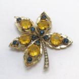 R derosa sterling silver gilt paste set leaf brooch - 6cm across & 35g ~ 1 yellow stone has a chip