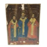 Small antique icon painted on wooden panel depicting 3 saints with Coptic text - 10.5cm x 8cm & some